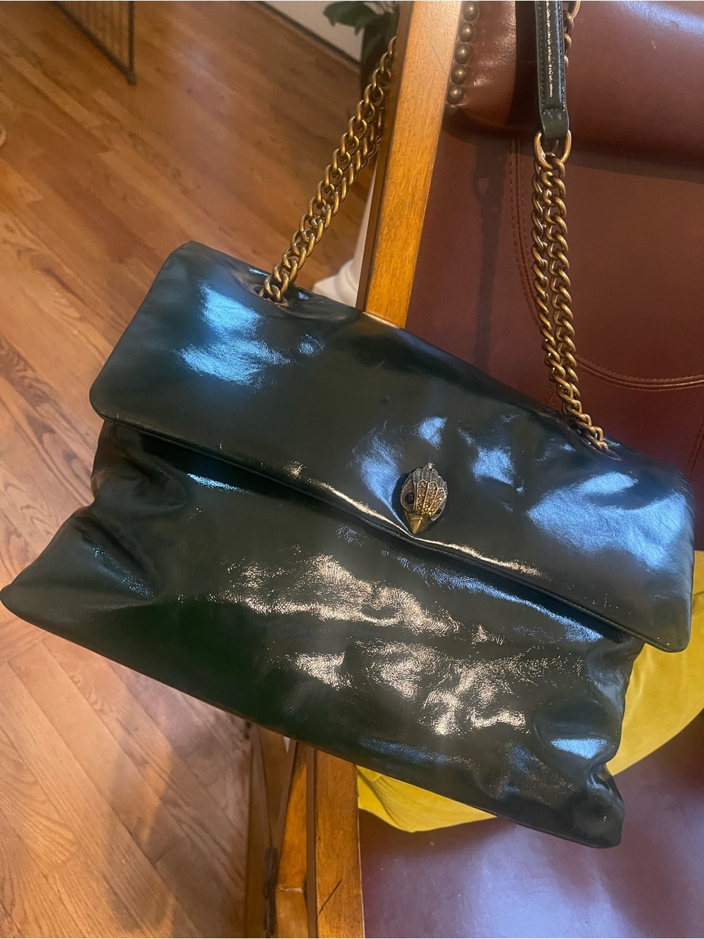 Kurt Geiger Glossy Dark Green Patent Shoulder Bag with Gold Chain